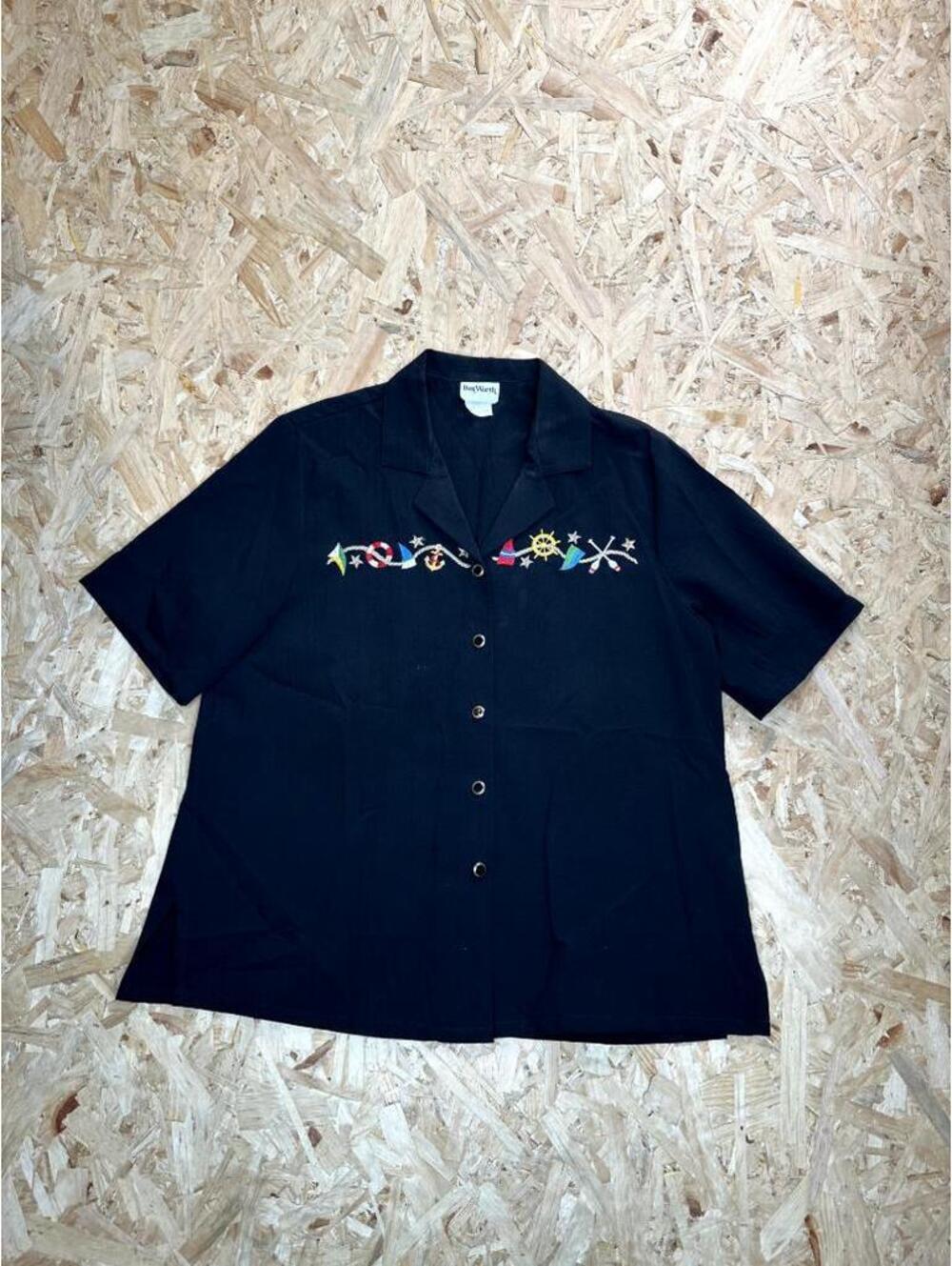 BonWorth Vintage Mens Medium Black Camp Shirt Nautical Embroidered Short Sleeve